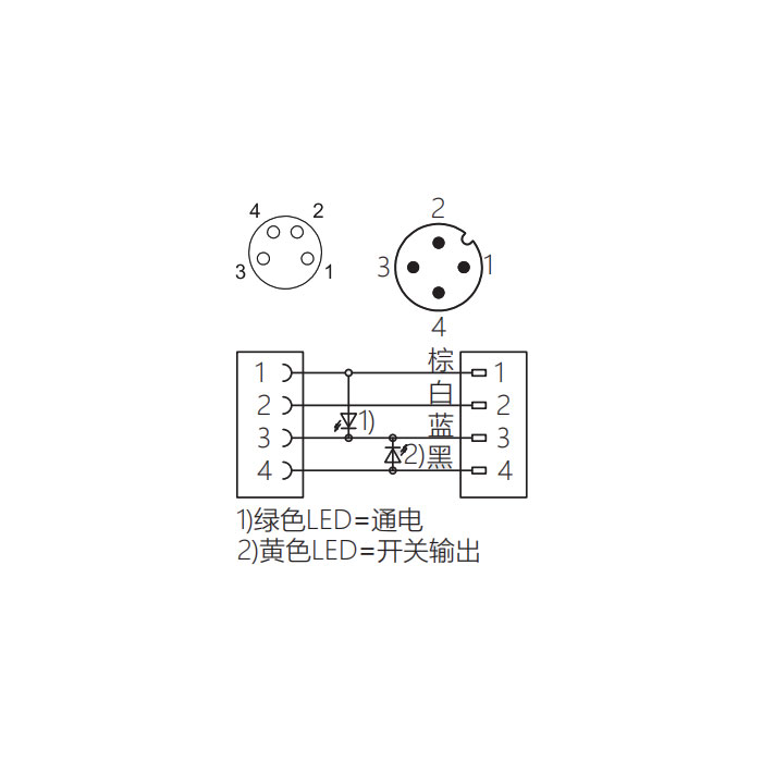 M8转M12 4Pin M8母头90°带LED灯转M12公头直型、双端预铸PVC非柔性电缆、灰色护套、63D303-XXX