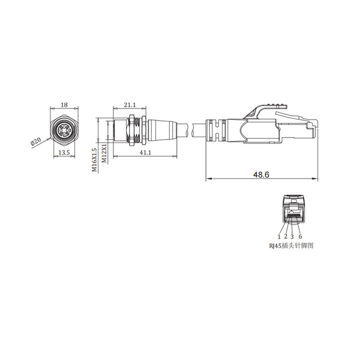 M12 4Pin 板面法兰母头（D-coded）转RJ45公头直型、双端预铸PVC非柔性电缆、带屏蔽、绿色护套、0C3061-xxx