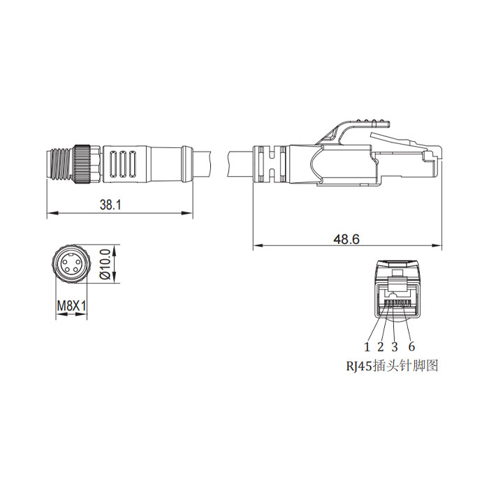 M8 4Pin 公头直型转RJ45公头直型、双端预铸PVC非柔性电缆、带屏蔽、绿色护套、0C3023-xxx