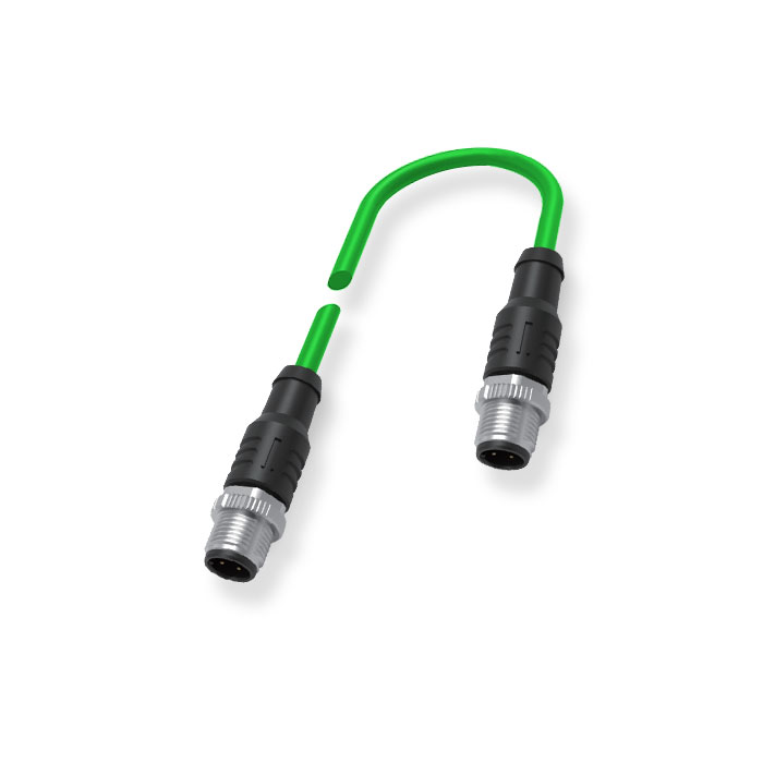 M8  4Pin 公头直型转公头直型、双端预铸PUR柔性电缆、带屏蔽、绿色护套、0C3001-xxx