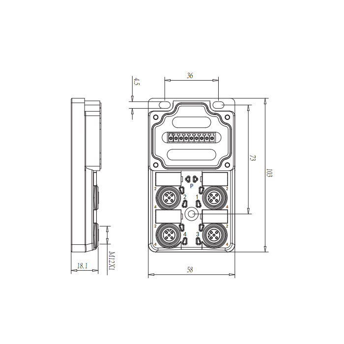 M12分线盒、单通道、PNP、4端口分体式、带LED、PCB端子、24P409