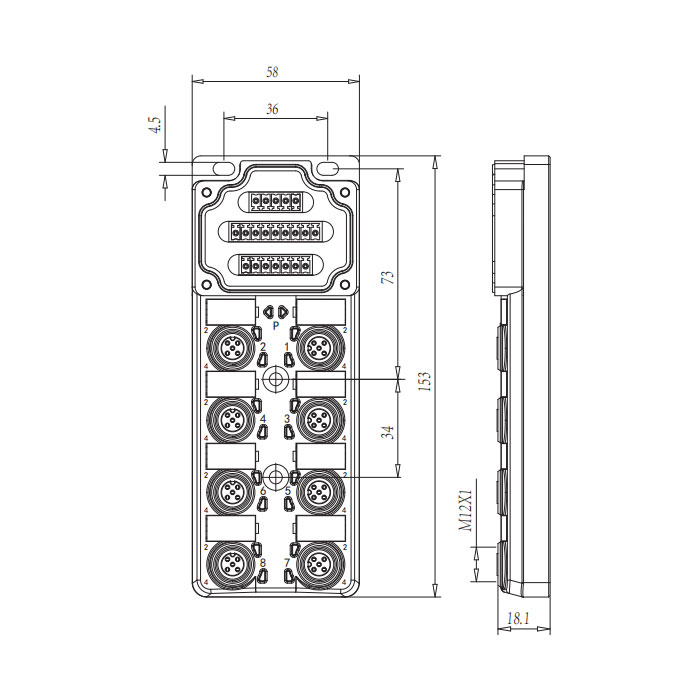 M12分线盒、双通道、Without LED、8端口分体式、PCB端子、24W80N