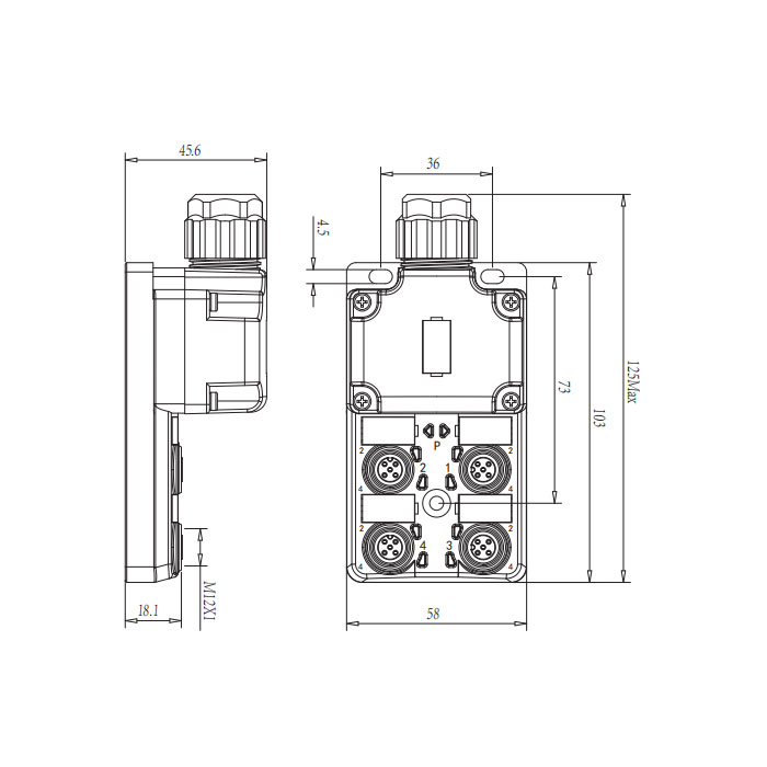 M12 Junction box、Single channel、Without LED、4-port split type、With top cover or cable、24W4S9