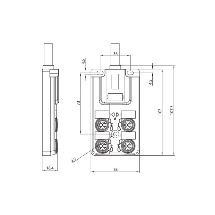 M12 Junction box、Dual channel、Without LED、4-port integrated、PUR flexible cable、Black sheath、24W481-xxx