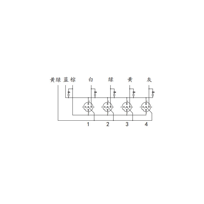 M12分线盒、单通道、PNP、4端口一体式、带LED、PVC非柔性电缆、灰色护套、24P421-XXX