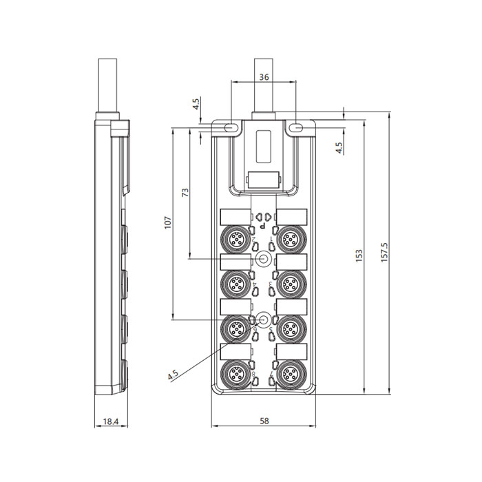 M12 Junction box、Single channel、Without LED、8-port split type、PUR flexible cable、Black sheath、24W801-xxx