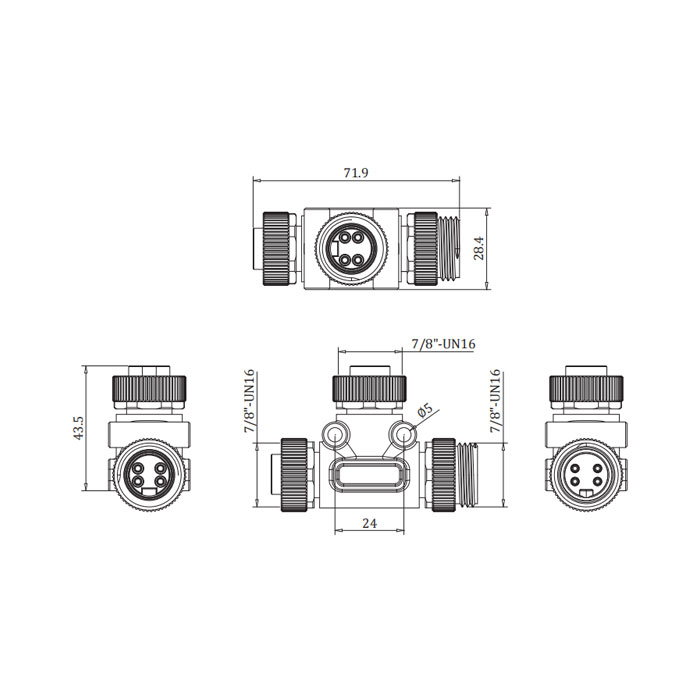  7/8" 4Pin公头/2x 7/8" 4Pin母头、T型三通、0PI444