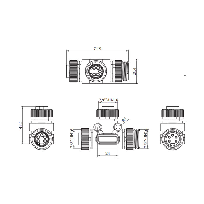 7/8" 5Pin、母头 转 7/8"公头+7/8"母头、T型三通、0PI555