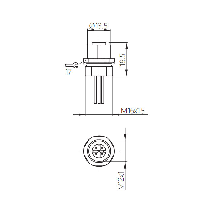 M12 5Pin、母头直型、法兰插座、板前安装、适用于现场焊接安装、64SA41H
