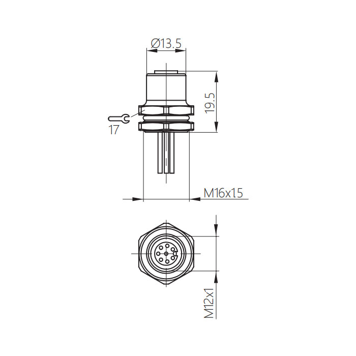 M12 8Pin、母头直型、法兰插座、板前安装、适用于PCB安装、64SB01P