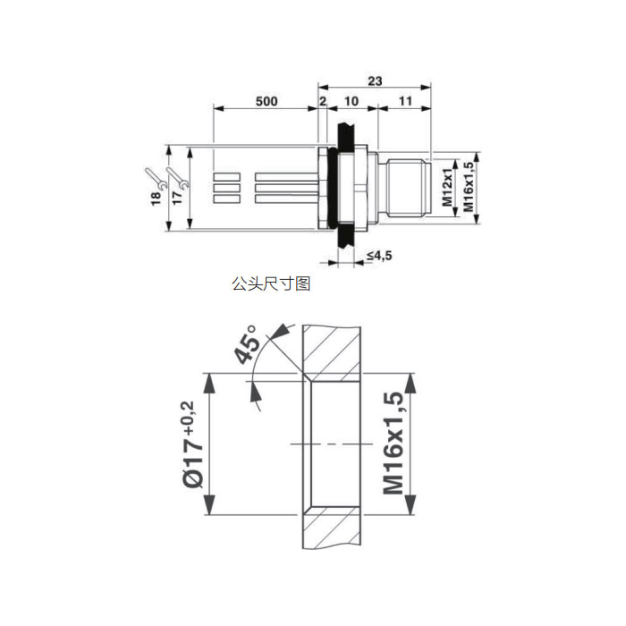 M12 12Pin、公头直型、法兰插座、板后安装、适用于现场焊接安装、64SC81H