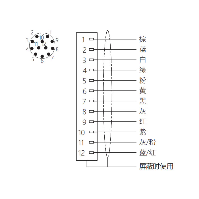 M12 12Pin、公头直型、法兰插座、板后安装、预铸UL电子线、64SC81-XXX