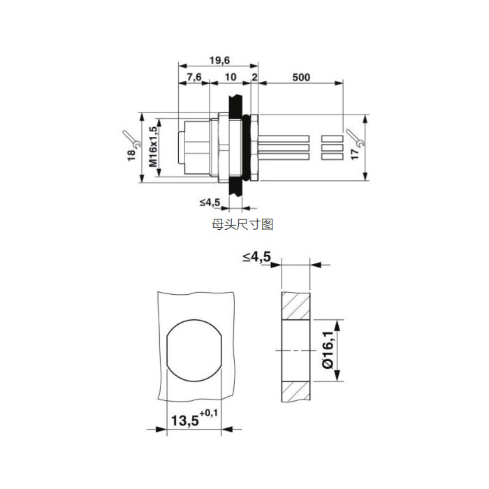 M12 12Pin、母头直型、法兰插座、板后安装、预铸UL电子线、64SC61-XXX