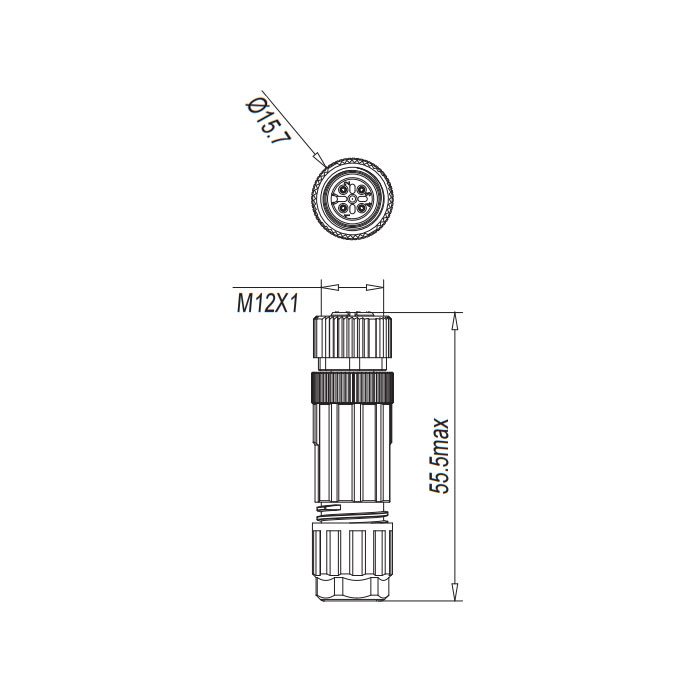 M12 4Pin、母头直型、直插式连接、电缆直径Ø 3.5-7 mm、64F941