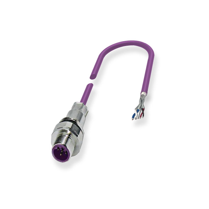 M12 2Pin 、Profibus法兰插座、B-coded、单端预铸PUR柔性电缆、紫色护套、0C4061-xxx
