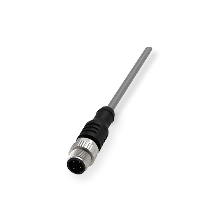 M12 4Pin，公头直型、单端预铸PVC非柔性电缆、带屏蔽、灰色护套、0C4A23-XXX