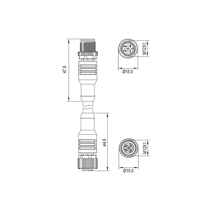 M12 4Pin 母头直型转公头直型、双端预铸PVC非柔性电缆、带屏蔽、灰色护套、0C4A43-XXX