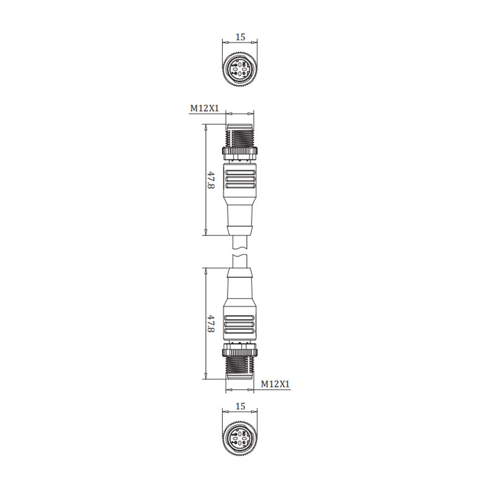M12 4Pin D-coded、公头直型转公头直型、双端预铸PVC非柔性电缆、带屏蔽、黄色护套、0C4128-XXX