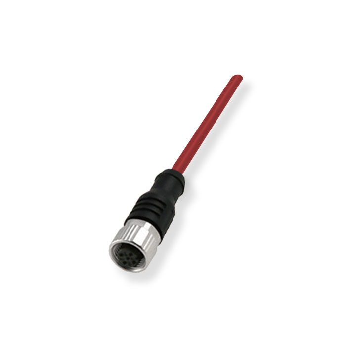 M12 4Pin、母头直型、单端预铸PVC非柔性电缆、带屏蔽、红色护套、0C4241-XXX