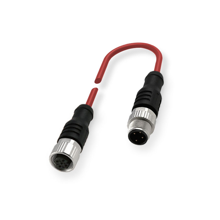 M12 4Pin、公头直型转母头直型、双端预铸PVC非柔性电缆、带屏蔽、红色护套、0C4281-XXX