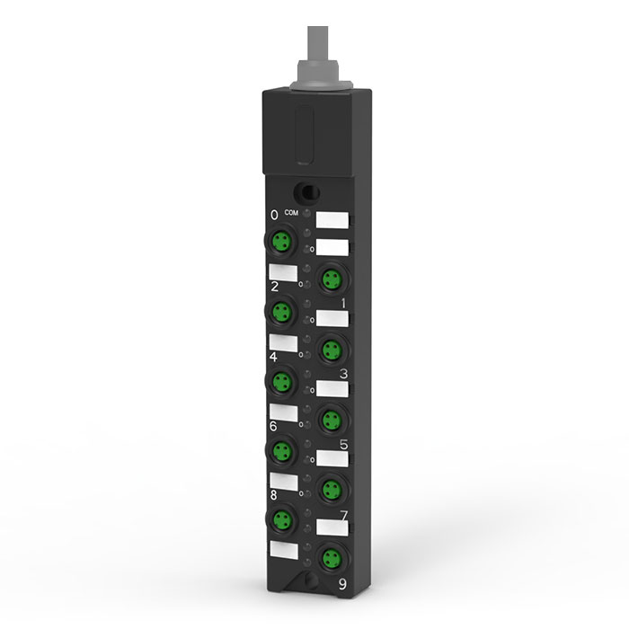 M8分线盒、单通道、NPN、10端口一体式、带LED、PVC非柔性电缆、灰色护套、23NA31-XXX