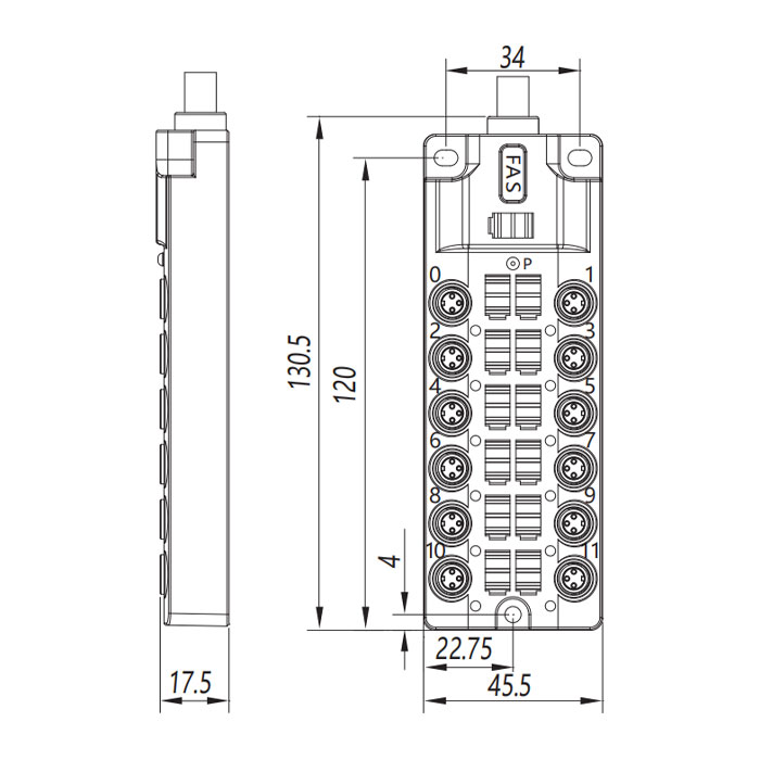 M8分线盒、单通道、PNP、12端口一体式、带LED、PUR柔性电缆、黑色护套、23PA01-XXX