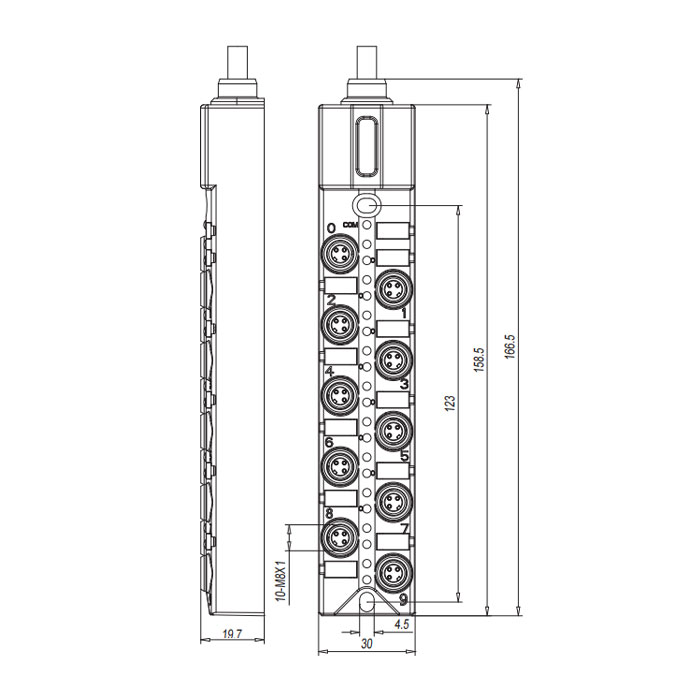 M8分线盒、单通道、PNP、10端口一体式、带LED、PVC非柔性电缆、灰色护套、23PA31-XXX