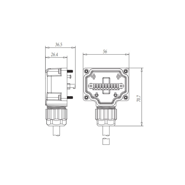 For M12 junction box (base socket)、4 way、Single channel、With top cover or cable、PUR flexible cable、Black sheath、24T0G1-xxx