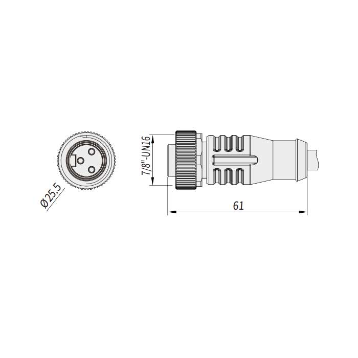 7/8”3Pin、母头直型、单端预铸PUR柔性电缆、黑色护套、0PI365-XXX