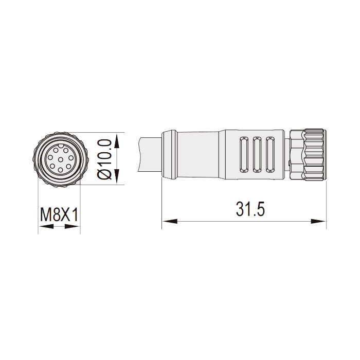 M8 8Pin、母头直型、单端预铸PVC非柔性电缆、灰色护套、63S743-XXX