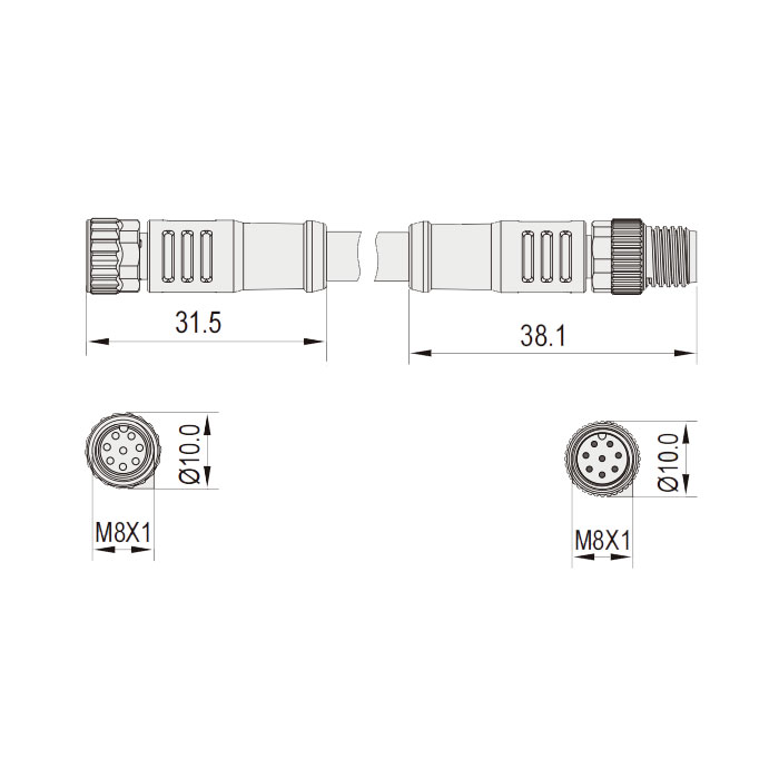 M8 8Pin、母头直型转公头直型、双端预铸PVC非柔性电缆、带屏蔽、灰色护套、63DA83-XXX