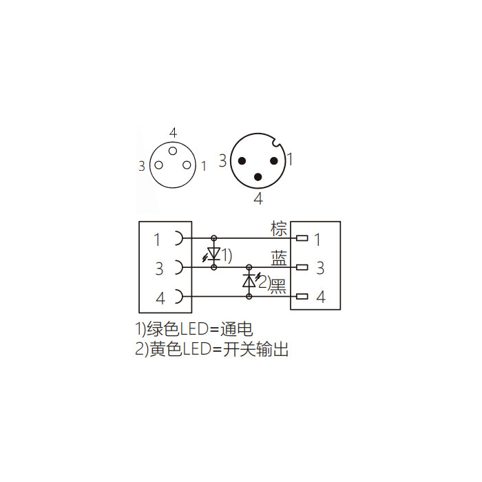 M8母头直型、带LED灯转M12公头直型、3Pin、双端预铸PVC非柔性电缆、灰色护套、63D253-XXX