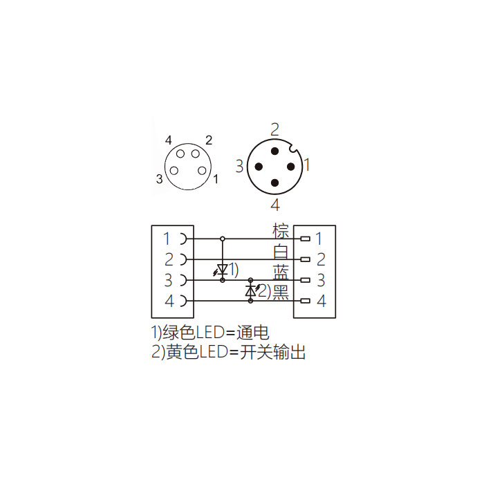 M8母头直型、带LED灯转M12公头直型、4Pin、双端预铸PUR柔性电缆、黑色护套、63D311-XXX