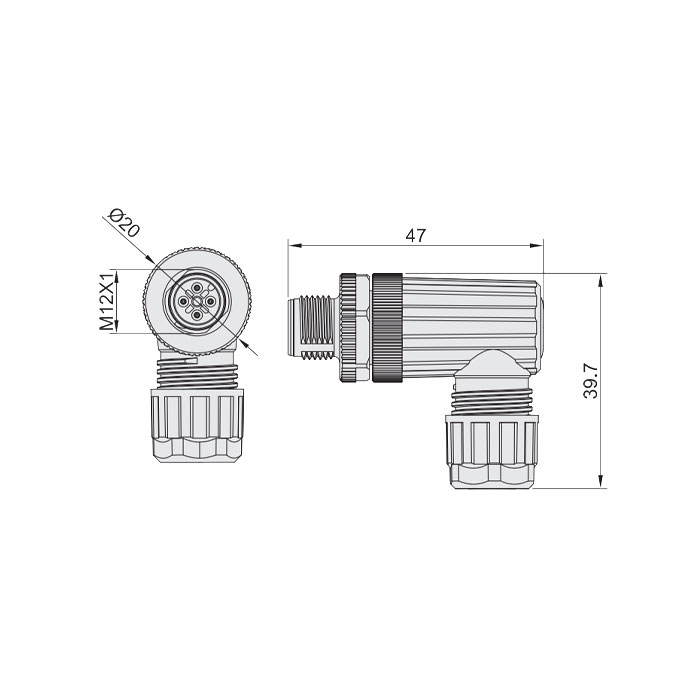 M12 5Pin、公头90°、食品级、螺钉连接、64F329