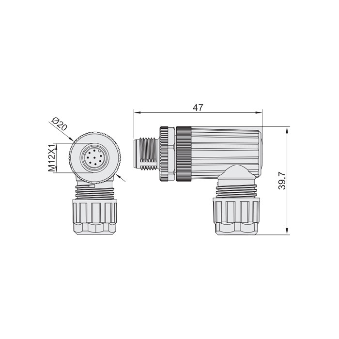 M12 8Pin、公头90°、食品级、螺钉连接、64F429