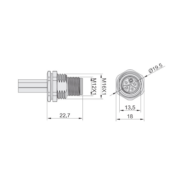 M12 5Pin L-coded、公头直型、法兰插头、板后安装、预铸UL电子线、64LB21-XXX