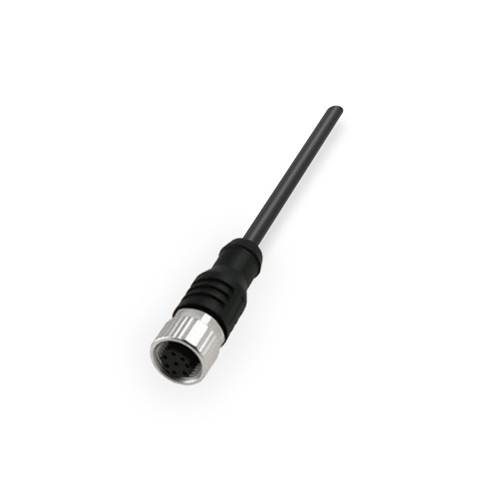 M12 8Pin、母头直型、单端预铸PUR柔性电缆、黑色护套、64S321-XXX