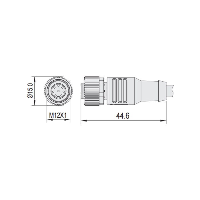 M12 8Pin、母头直型、单端预铸PUR柔性电缆、黑色护套、64S321-XXX