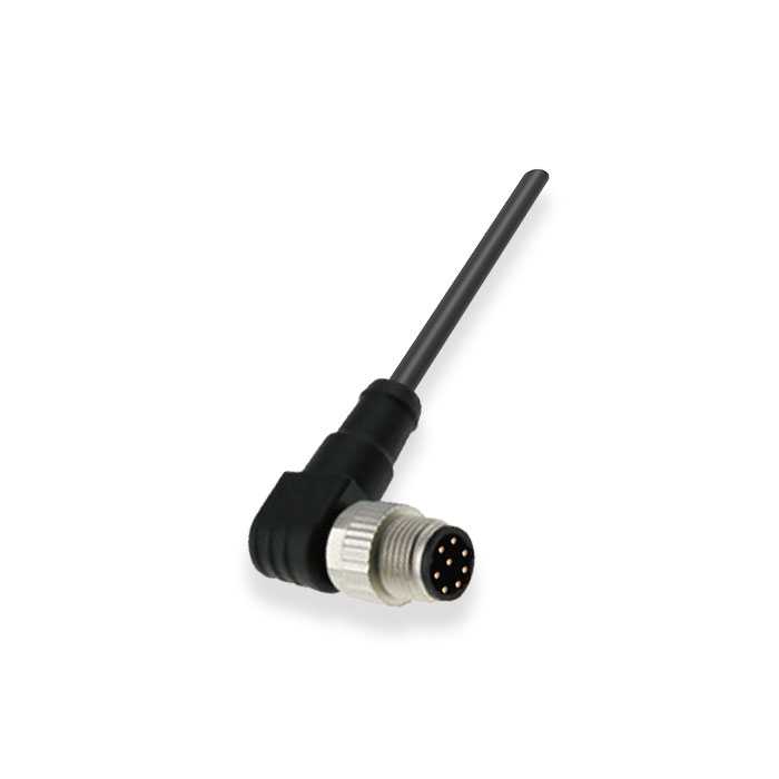 M12 8Pin、公头90°、单端预铸PUR柔性电缆、带屏蔽、黑色护套、64S8A1-XXX