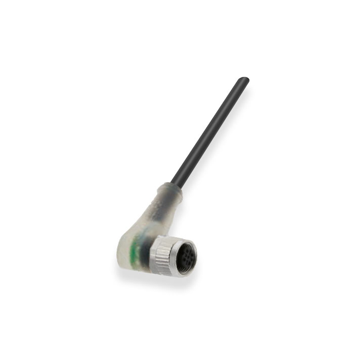 M12 4Pin 母头90°、带LED灯、IP 69K-ECOLAB、单端预铸PUR柔性电缆、黑色护套、64E061-XXX