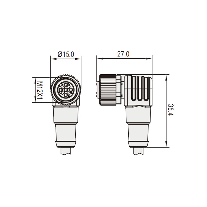 M12 4Pin 母头90°、带LED灯、IP 69K-ECOLAB、单端预铸PUR柔性电缆、黑色护套、64E061-XXX