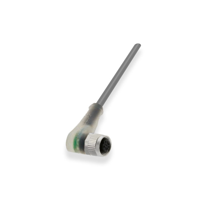 M12 4Pin 母头90°、带LED灯、IP 69K-ECOLAB、单端预铸PVC非柔性电缆、灰色护套、64E063-XXX