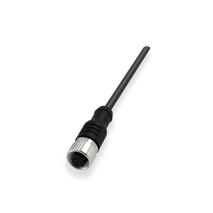M12 4Pin、母头直型、耐高温120℃、单端预铸PUR柔性电缆、黑色护套、64H041-XXX