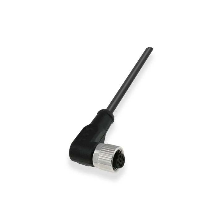 M12 4Pin、母头90°、耐高温120℃、单端预铸PUR柔性电缆、黑色护套、64H061-XXX