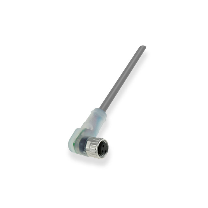 M8 3Pin、母头90°、带LED灯、IP 69K-ECOLAB、单端预铸PVC非柔性电缆、灰色护套、63E003-XXX