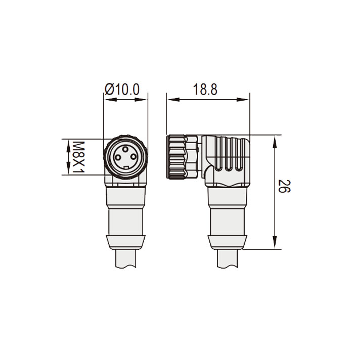 M8 3Pin、母头90°、带LED灯、IP 69K-ECOLAB、单端预铸PVC非柔性电缆、灰色护套、63E003-XXX