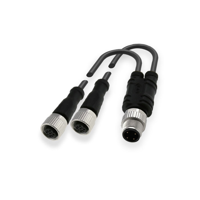 M12 4Pin公头 转 2xM12 3Pin母头直型、Y型预铸PUR柔性电缆、黑色护套、64E401-XXX