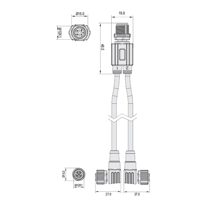 M12 4Pin公头 转 2xM12 3Pin母头90°带LED灯、Y型预铸PVC非柔性电缆、灰色护套、64E423-XXX