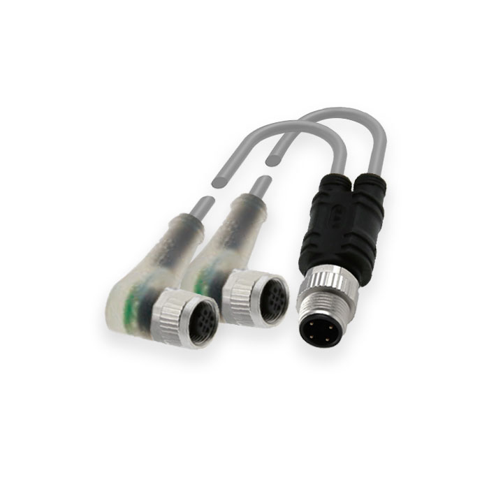 M12 4Pin公头 转 2xM12 3Pin母头90°带LED灯、Y型预铸PVC非柔性电缆、灰色护套、64E423-XXX