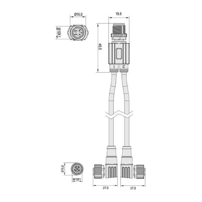 M12 4Pin公头转 2xM12 3Pin 母头90°、Y型预铸PVC非柔性电缆、灰色护套、64E443-XXX